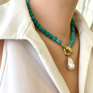 Blue Amazonite Beads and White Baroque Pearl Necklace, Gold Filled & Gold Bronze Toggle Necklace, 18'in