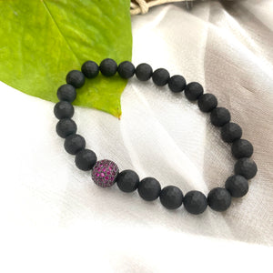 Matte Black Onyx Stretch Bracelet For Men with Ruby Red Cz Pave Gunmetal Spacer, 7.5"inches