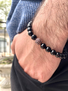 Faceted Black Onyx Stretchy Bracelet For Men with Black Cz Paved Rose Gold Plated Spacer, 7.5"inches