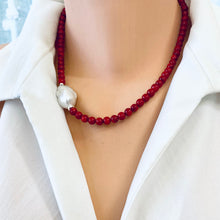 Load image into Gallery viewer, Red Coral Short Necklace with Natural Baroque Pearl and Sterling Silver Details, 18&quot;inches
