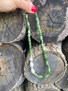 Green Canadian Jade Tube Beads Necklace w Gold Vermeil Plated Silver & Fresh Water Pearls, 18"In