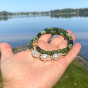 Green Canadian Jade Tube Beads Necklace w Gold Vermeil Plated Silver & Fresh Water Pearls, 18"In