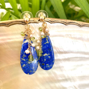 Teardrop Lapis Lazuli and Peridot Earrings, Gold Filled, OOAK Jewelry