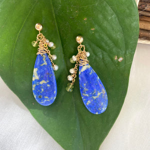 Teardrop Lapis Lazuli and Peridot Earrings, Gold Filled, OOAK Jewelry