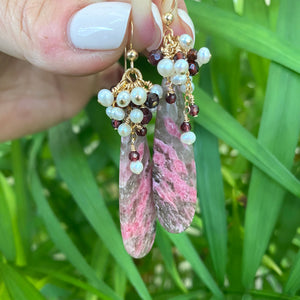 Pink Rhodonite Teardrop Dangle Earrings with Garnet and Pearl Cluster | 14k Gold Filled | 55MM