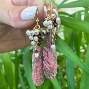 Pink Rhodonite Teardrop Dangle Earrings with Garnet and Pearl Cluster | 14k Gold Filled | 55MM