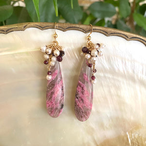 Pink Rhodonite Teardrop Dangle Earrings with Garnet and Pearl Cluster | 14k Gold Filled | 55MM