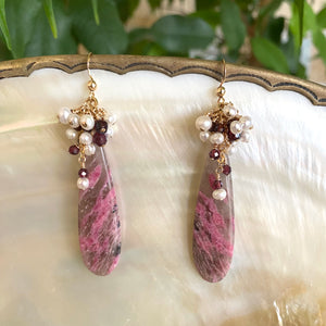 Pink Rhodonite Teardrop Dangle Earrings with Garnet and Pearl Cluster | 14k Gold Filled | 55MM