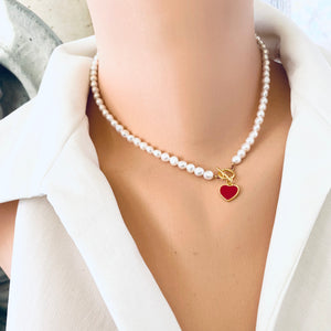 Classic White Pearl Necklace 4-5 mm, Freshwater Pearl Of AAA+ Quality, Gold Vermeil Plated Silver Red Heart Charm, 16"in