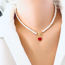 Charger l&#39;image dans la galerie, Classic White Pearl Necklace 4-5 mm, Freshwater Pearl Of AAA+ Quality, Gold Vermeil Plated Silver Red Heart Charm, 16&quot;in
