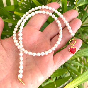 Classic White Pearl Necklace 4-5 mm, Freshwater Pearl Of AAA+ Quality, Gold Vermeil Plated Silver Red Heart Charm, 16"in