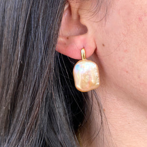 Golden Peach Freshwater Baroque Pearl Drop Earrings, Irregular Rectangular shaped Pearl Earrings, Oversized Pearl Gold Vermeil Stud Earrings