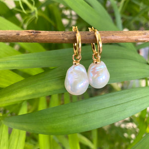 White Baroque Pearl Dangle Earrings, Gold Vermeil Plated Silver Hoops, Large Pearl Drop Earrings 14-34mm