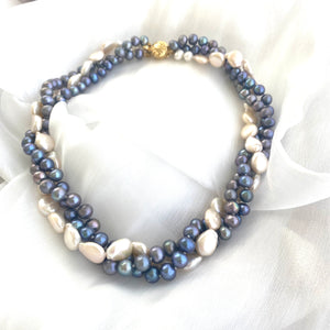 Multi Strand Twisted Black & White Pearl Necklace, 17"