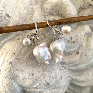 Rose Leaf Design Baroque pearls Earrings, In Silver