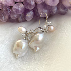 Rose Leaf Design Baroque pearls Earrings, In Silver