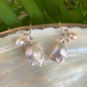 Rose Leaf Design Baroque pearls Earrings, In Silver