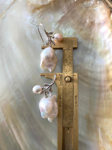 Rose Leaf Design Baroque pearls Earrings, In Silver