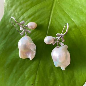 Rose Leaf Design Baroque pearls Earrings, In Silver