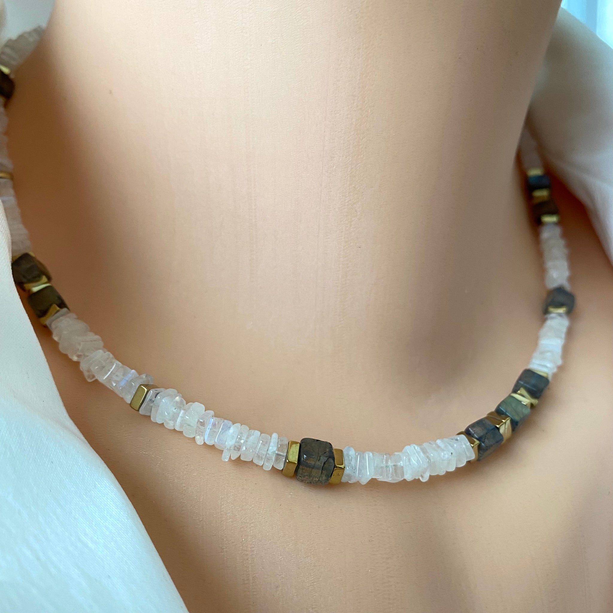 Moonstone & Labradorite Necklace, Gold Plated Magnetic Clasp, 17in