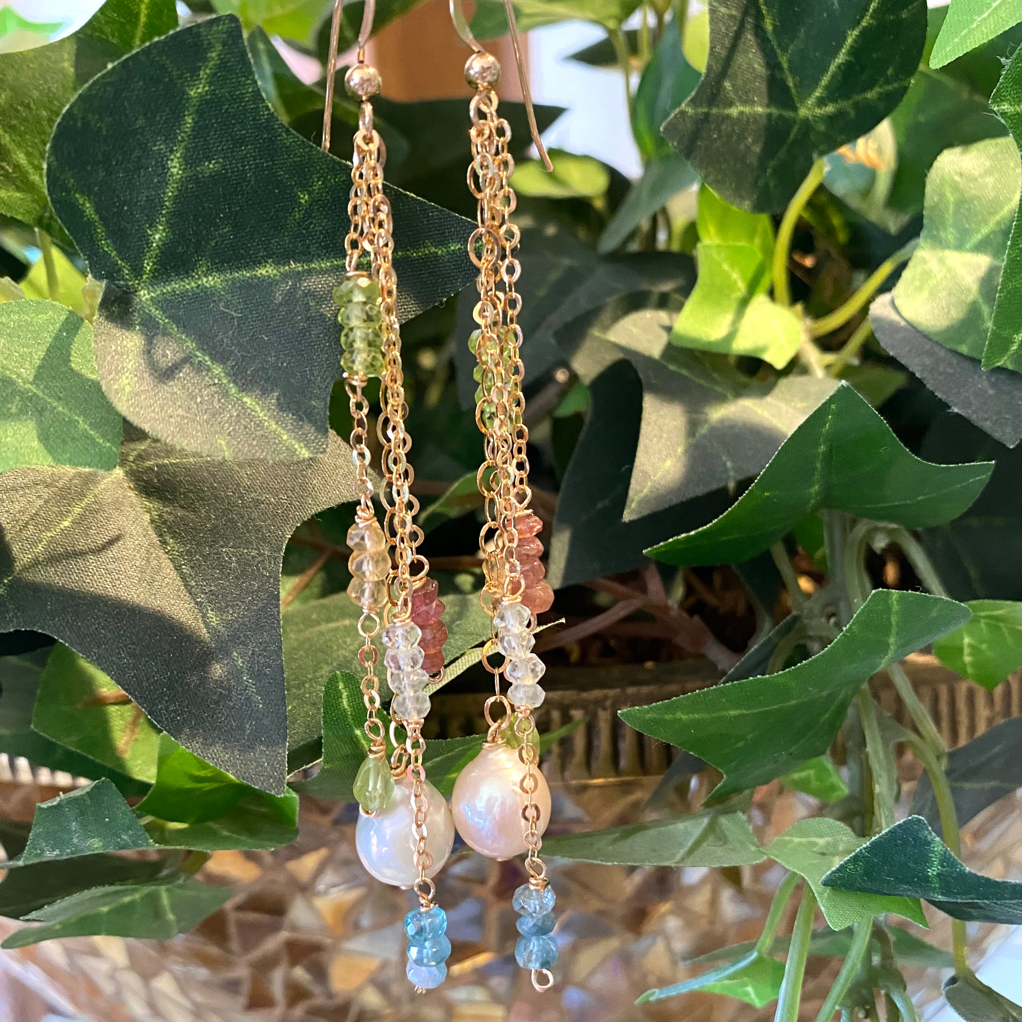 Large Leaf Hoop Earrings with Gemstones